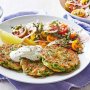 Haloumi and pea fritters with tomato salad