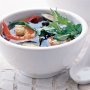 Hearty miso soup with prawns and eggplant