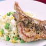 Italian pork cutlets with corn and pea risotto