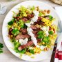 Jerk beef with warm corn and bean salad