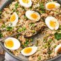 Kedgeree-style poached salmon salad with peas and toasted pepitas