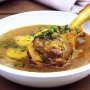 Lamb shanks in spiced potato and pea broth