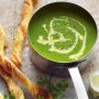 Light pea and asparagus soup with parmesan pastries