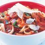 Linguine with pork sausages in tomato sauce