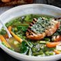 Minestrone with spring vegetables and bruchetta
