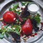 Mulled pear salad with roquefort dressing