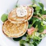 Mustard dill pikelets with smoked trout and avocado salad
