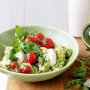 Oven-baked risotto with pesto and goats curd