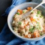 Oven-baked sweet potato and pea risotto