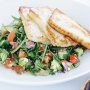 Pan-fried haloumi with tomato and basil salad and toasted olive bread