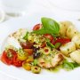Pan-fried ling with tomato and olive salad