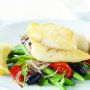 Pan-fried perch with tomato, chilli & olives