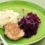Pan-fried pork cutlets with sauteed red cabbage