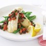 Pan fried perch with tomato, olive & caper salsa