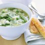 Pea, asparagus and rice soup with Romano sticks