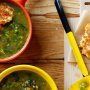 Pea and lentil soup with cheese fritters