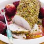 Pistachio-crusted pork with roasted plums