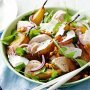 Poached chicken salad with maple-baked pears