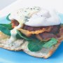 Poached eggs with basil Hollandaise, pancetta & Turkish bread