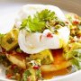 Poached eggs with coriander-lime sauce and avocado