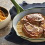 Pork chops with sage-onion gravy and smashed root vegetables