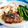Pork saltimbocca with potato gratin and asparagus