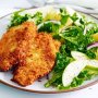 Pork schnitzel with apple and kale salad