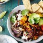 Pork taco bowl with smoky tomato salsa