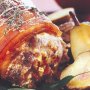 Pork with nut & speck seasoning with honeyed roast pears