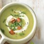 Potato and pea soup with crunchy bacon