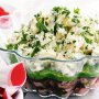 Potted ham with mashed peas and potato salad