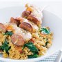 Prawn and chorizo skewers with spinach rice pilaf