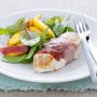 Prosciutto-wrapped chicken with peach salad