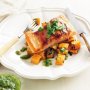 Prosciutto-wrapped ocean trout with roast kumara