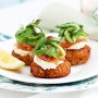 Quinoa cakes with smoked salmon, shaved asparagus and creme fraiche