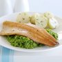 Rainbow trout with minted pea mash