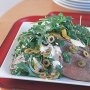 Roast beef salad with green olives and horseradish cream