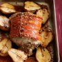 Roast pork with macadamia and sage stuffing with roasted pears