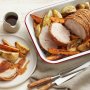 Roast pork with maple and Dijon roasted vegetables