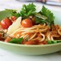 Roasted tomato and chilli pasta with parsley salad