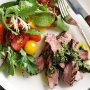 Rump steak with salsa verde and tomato salad