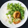 Salmon and edamame cakes with cucumber salad