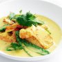 Salmon and prawns in spicy coconut broth