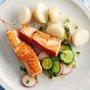 Salmon kebabs with cucumber and radish dill salad