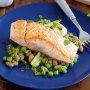 Salmon with braised fennel, pesto beans and peas