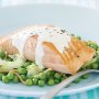 Salmon with peas, bacon and lettuce