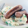 Sausages with pea mash