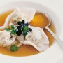 Scallop consomme with prawn dumplings