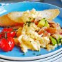 Scrambled eggs with smoked salmon and avocado salsa