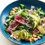 Seared tuna, zucchini and lemon salad with green olive smash